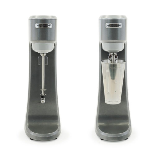 Front view of the Hamilton Beach milkshake mixer with and without a cup.