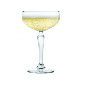 The SPKSY coupe glass filled with champagne by Libbey.
