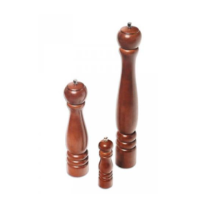 A collection of wood pepper grinders.