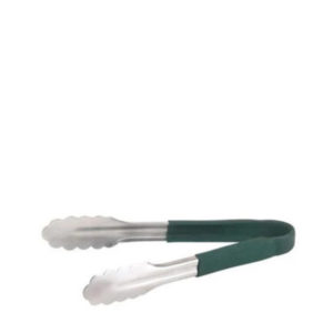 A pair of utility tongs with green handles.