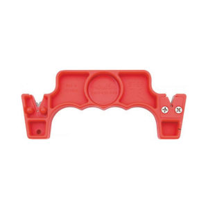Front view of a red knife sharpener.
