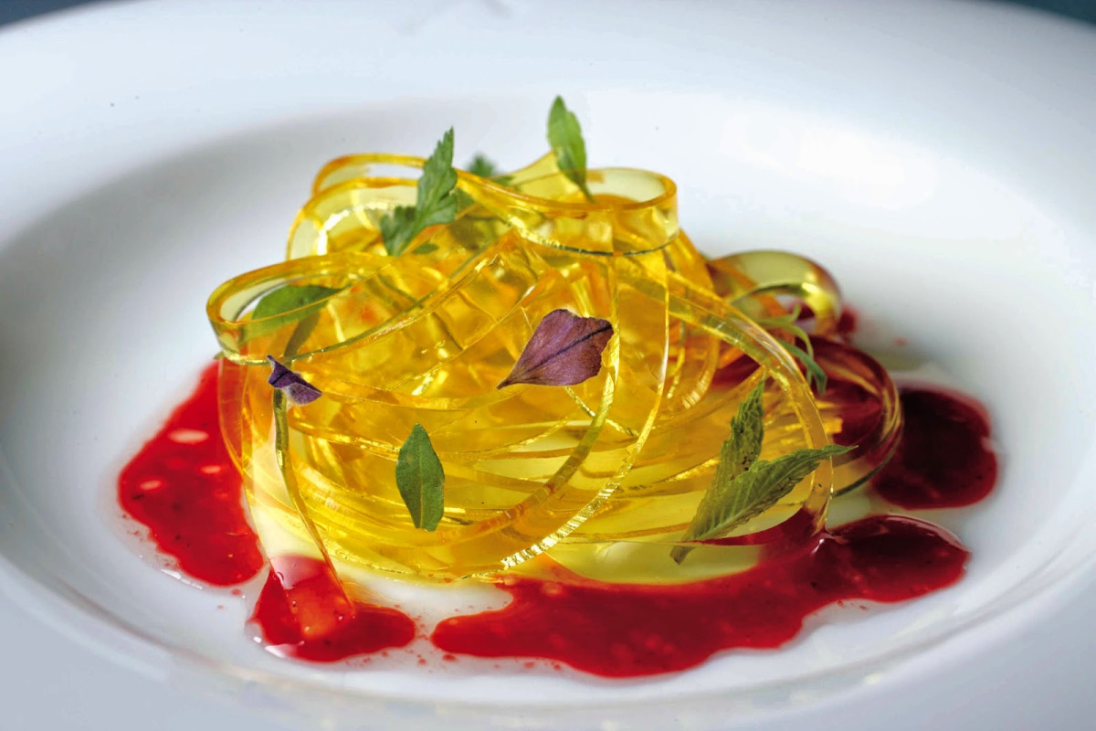 Infused spaghetti using molecular gastronomy techiniques.