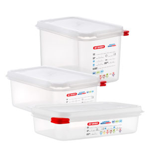 Three 1/4 GN containers by Araven of differing heights by Araven.