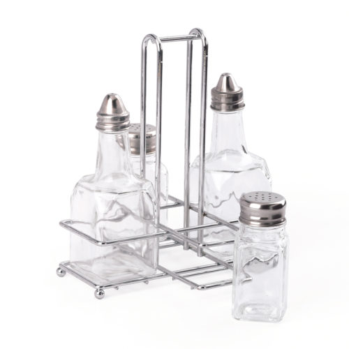 CONDIMENT STAND OIL/VINEGAR/SALT/PEPPER STAINLESS STEEL 4 DIVISION
